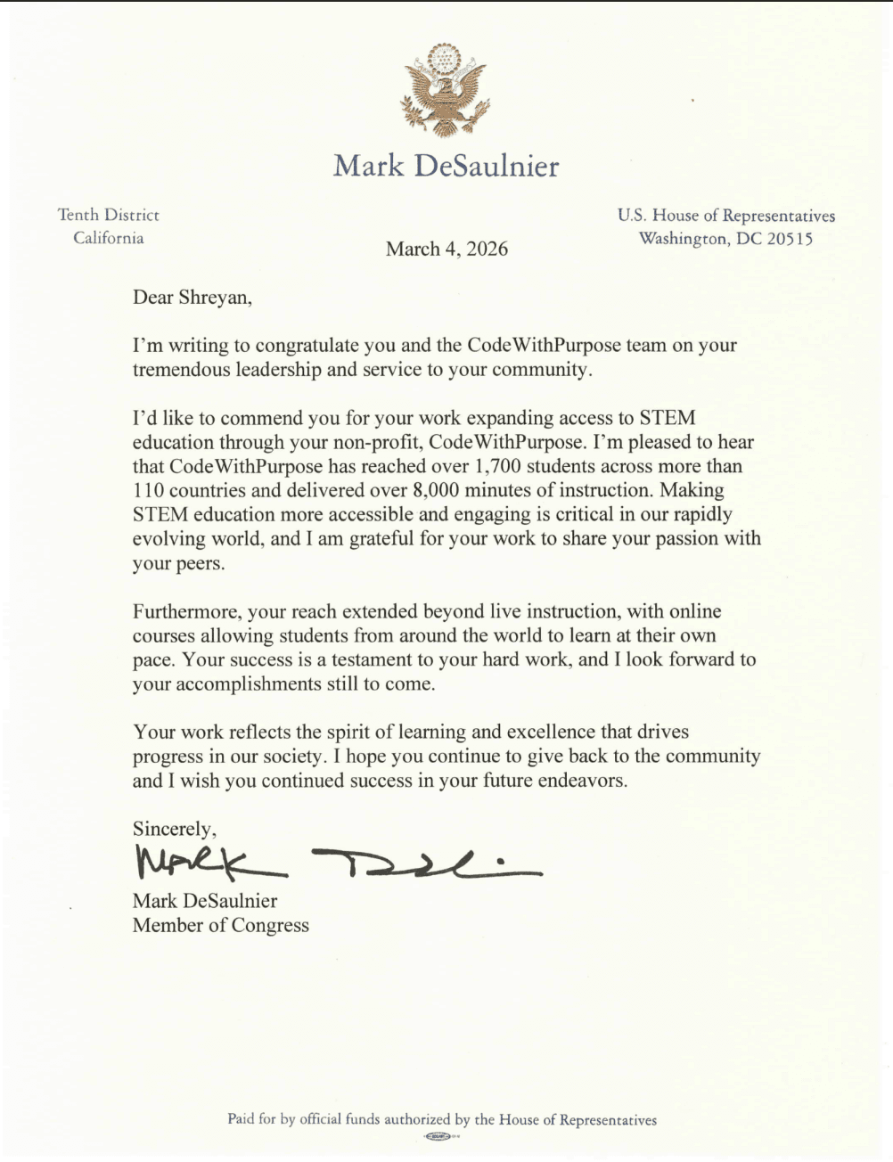 Letter from Representative Mark DeSaulnier recognizing CodeWithPurpose